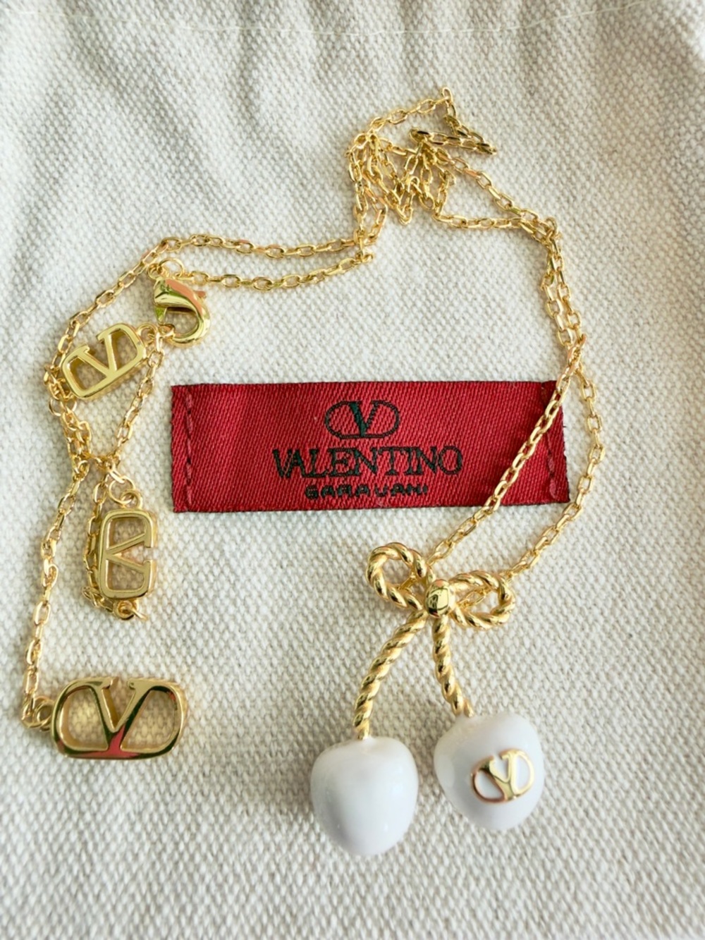 Valentino Garavani Necklace 
Gold w White Enameled Cherries